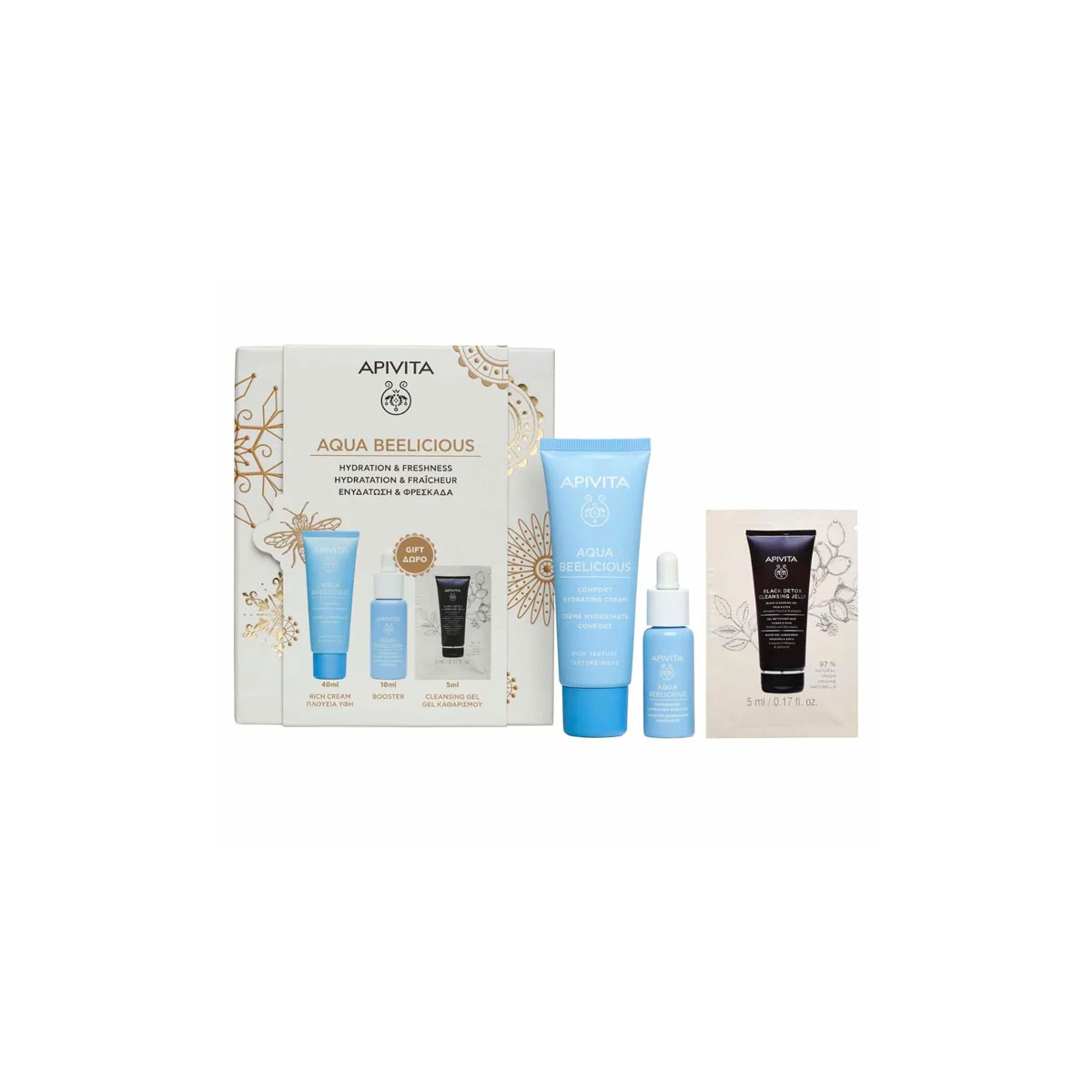 Apivita Promo Aqua Beelicious Κρέμα Ενυδάτωσης 40ml, Booster Αναζωογόνησης 10ml & Δώρο Μαύρο Gel Καθαρισμού 5ml